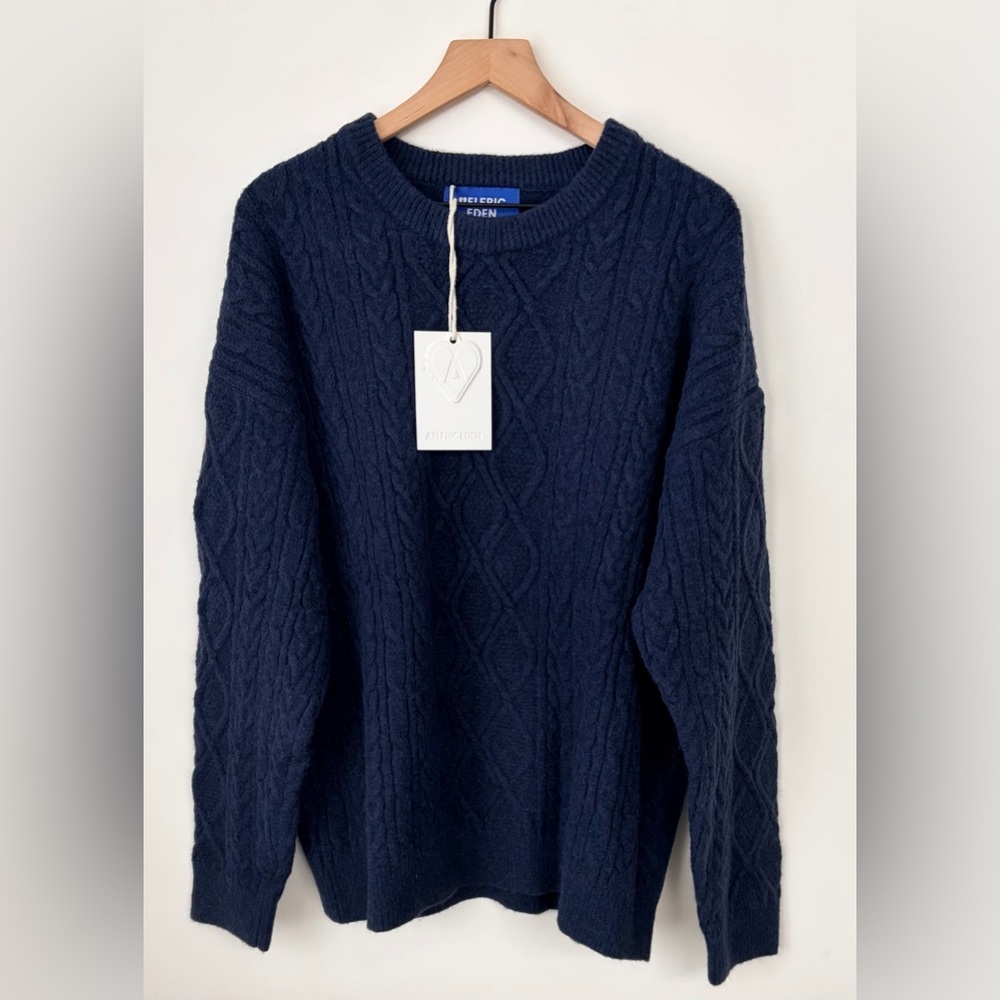 Aelfric Eden Navy Blue Cable Knit Crewneck Sweater